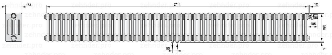 Схема (чертеж) Радиатор Zehnder Charleston 5035/59 №V008 Белый глянцевый RAL 9016